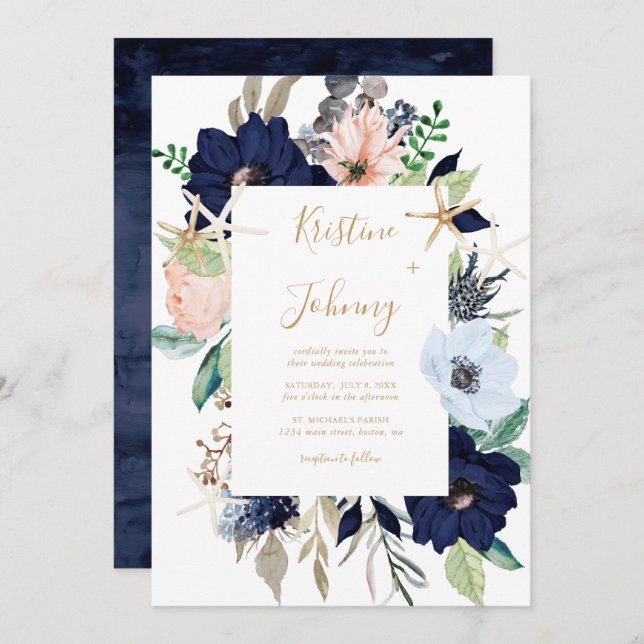 Nautical Blue Floral Gold Starfish Script Wedding Invitation (Front/Back)