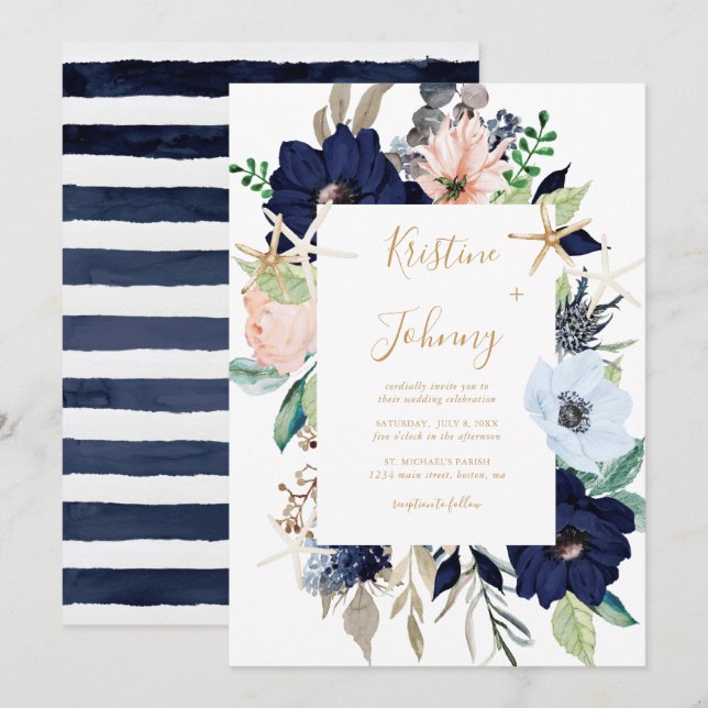 Nautical Blue Floral Gold Starfish Striped Wedding Invitation (Front/Back)