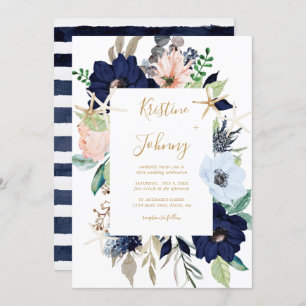 Nautical Blue Floral Gold Starfish Striped Wedding Invitation