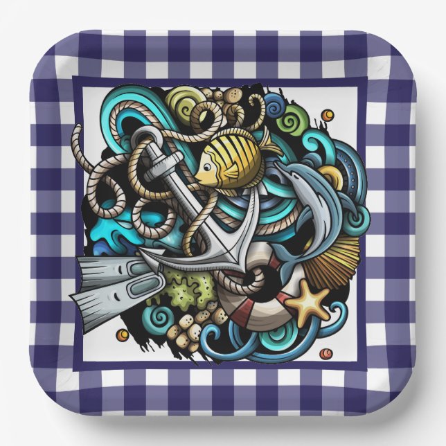 Nautical Blue Gingham Paper Plate (Front)