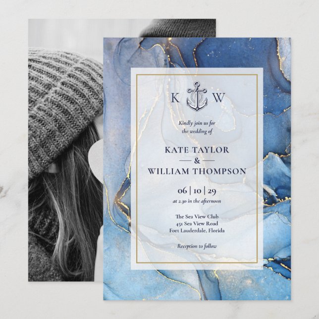 Nautical Blue Gold Agate Monogram Wedding Photo Invitation (Front/Back)