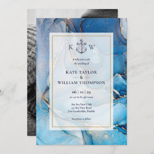 Nautical Blue Gold Agate Monogram Wedding Photo Invitation