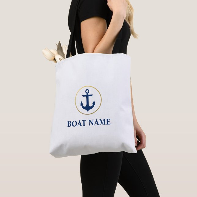 Nautical Blue Gold Anchor Boat Name White Tote (Close Up)
