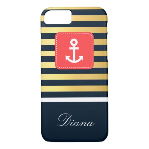 Nautical Blue _ Gold Stripes and Anchor iPhone 87 Case