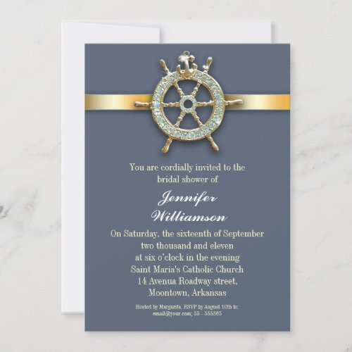 nautical blue golden bridal shower invitations