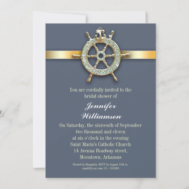 nautical blue golden bridal shower invitations (Front)