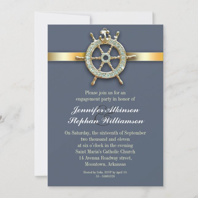nautical blue golden engagement party invitations (Front)