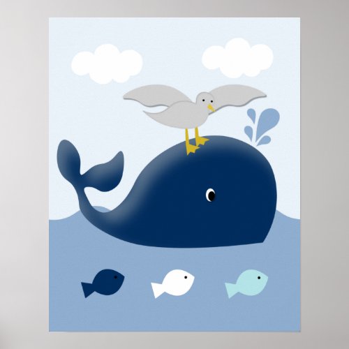 Nautical Blue Gray Whale Nursery Art Print