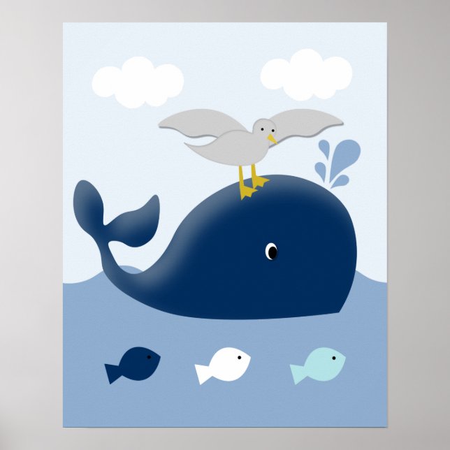Nautical Blue Gray Whale Nursery Art Print (Front)