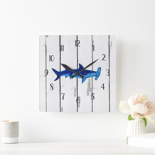 Nautical Blue Hammerhead Shark Shiplap Rustic Square Wall Clock (Home)