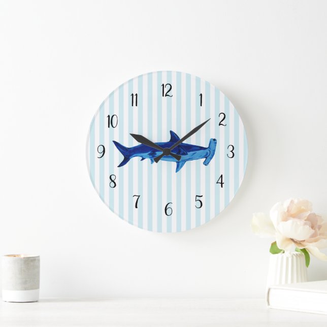Nautical Blue Hammerhead Shark Stripe Large Clock (Home)