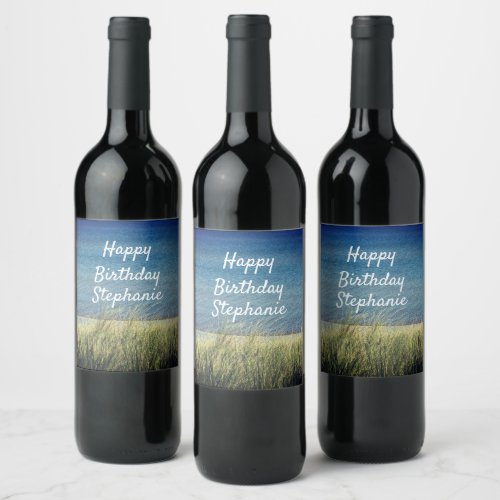 Nautical Blue Happy Birthday Beach Landscape Cool Wine Label