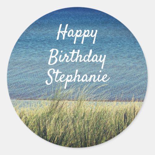 Nautical Blue Happy Birthday Beach Landscape Cute Classic Round Sticker