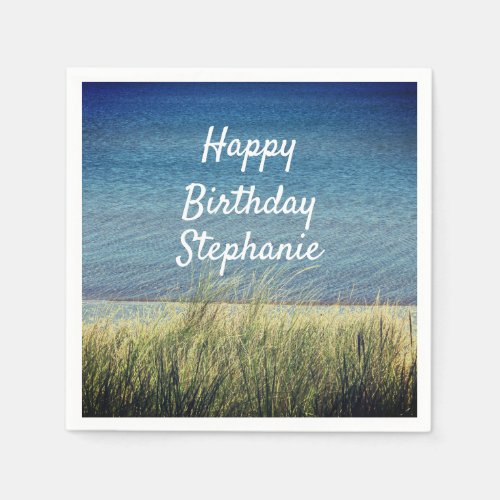 Nautical Blue Happy Birthday Beach Landscape Cute Napkins