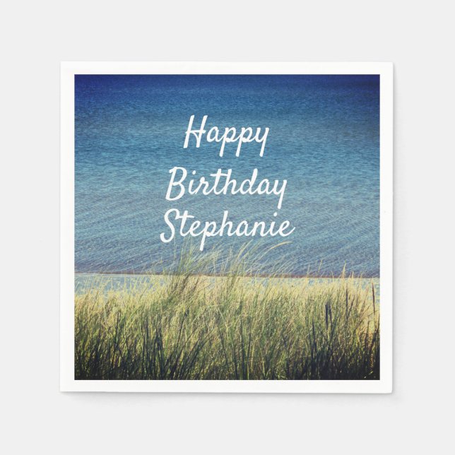 Nautical Blue Happy Birthday Beach Landscape Cute Napkins (Front)