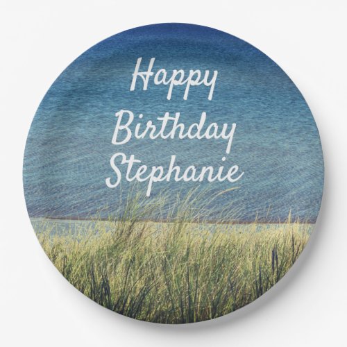 Nautical Blue Happy Birthday Beach Landscape Cute Paper Plates