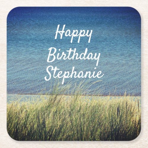 Nautical Blue Happy Birthday Beach Landscape Cute Square Paper Coaster