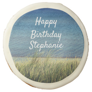 Nautical Blue Happy Birthday Beach Landscape Cute Sugar Cookie