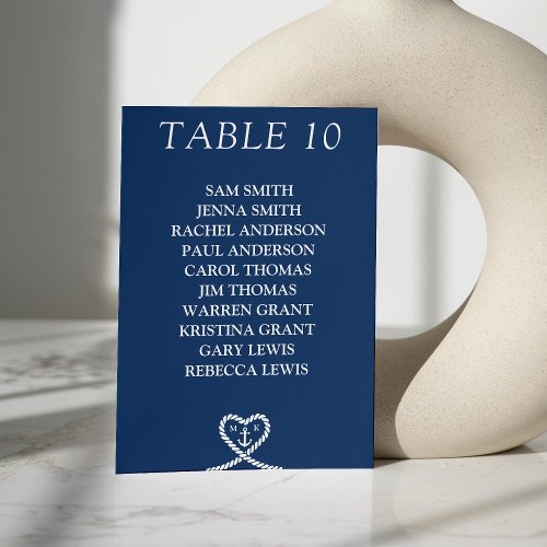 Nautical Blue Heart Monogram Wedding Seating Chart Table Number