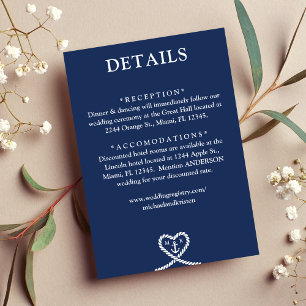 Nautical Blue Heart Rope Monogram Wedding Details Enclosure Card