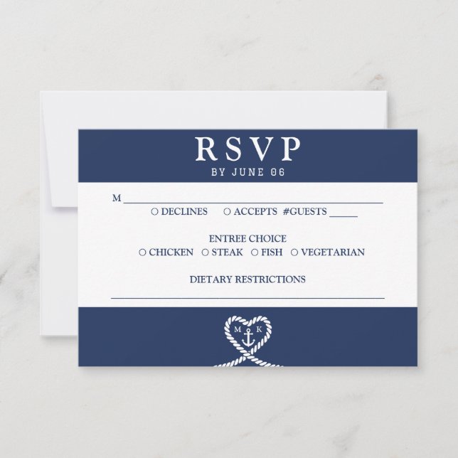 Nautical Blue Heart Rope Monogram Wedding RSVP Card (Front)