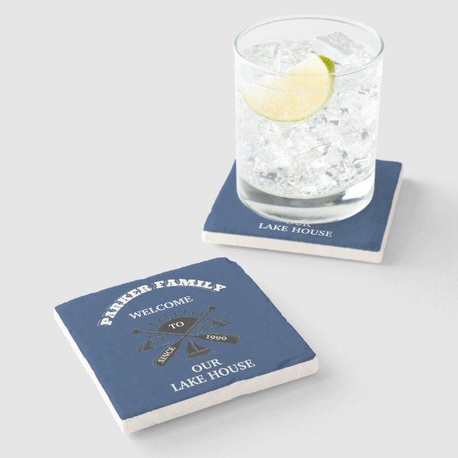 Nautical Blue Lake House Family Anchor Oars  Stone Coaster (Side)