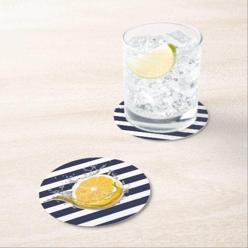 Nautical Blue Lemonade Round Paper Coaster