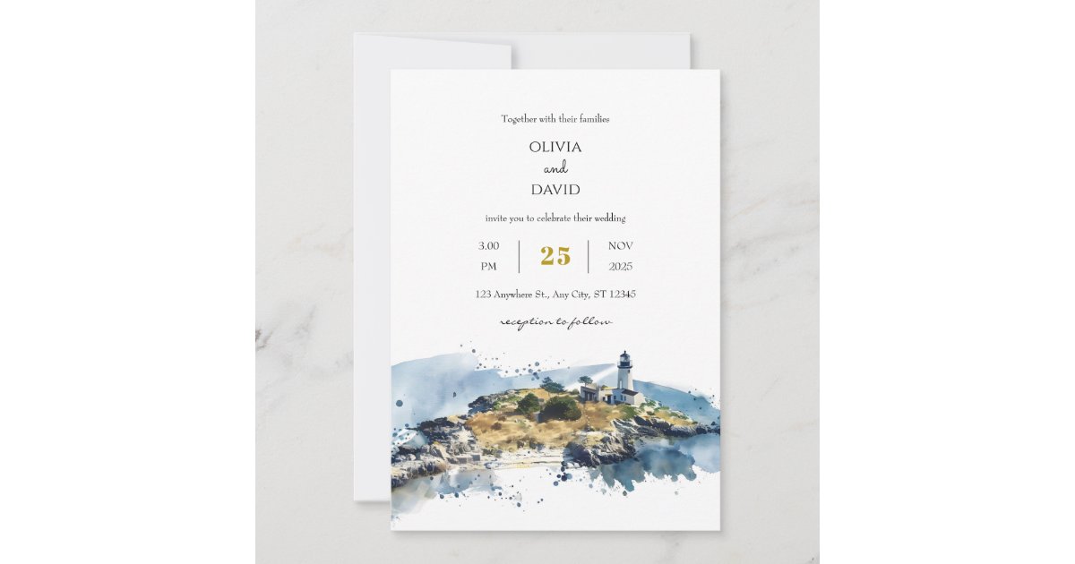 Nautical Blue Lighthouse Watercolor Beach Wedding Invitation | Zazzle