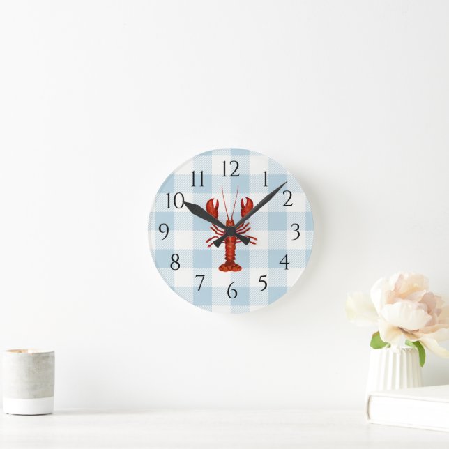 Nautical Blue Lobster Gingham Pattern Round Clock (Home)