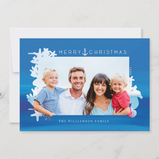 Nautical Blue Merry Christmas Ocean Photo Frame Holiday Card (Front)