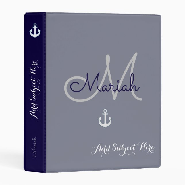 Nautical blue mini binder monogrammed with anchor (Front/Spine)