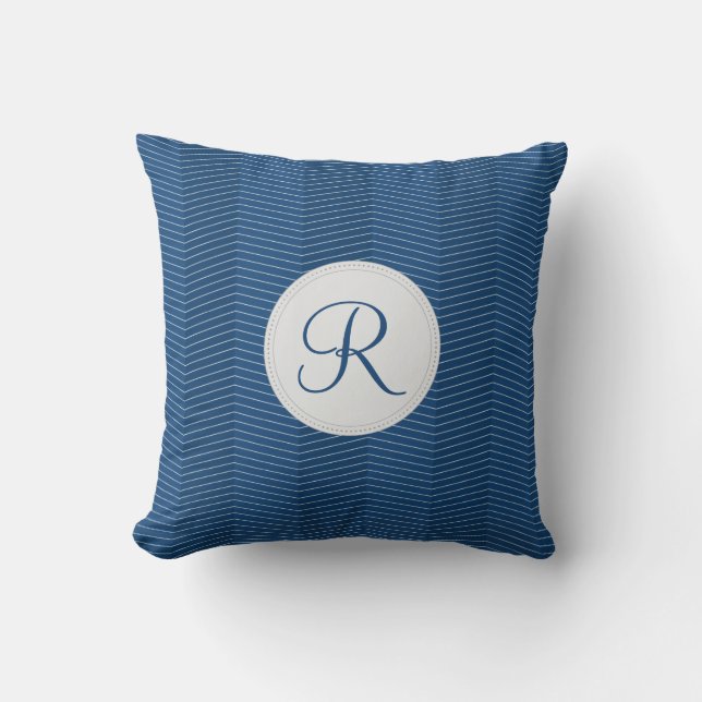 Nautical Blue Monogram Thin Chevron Pattern Throw Pillow (Front)