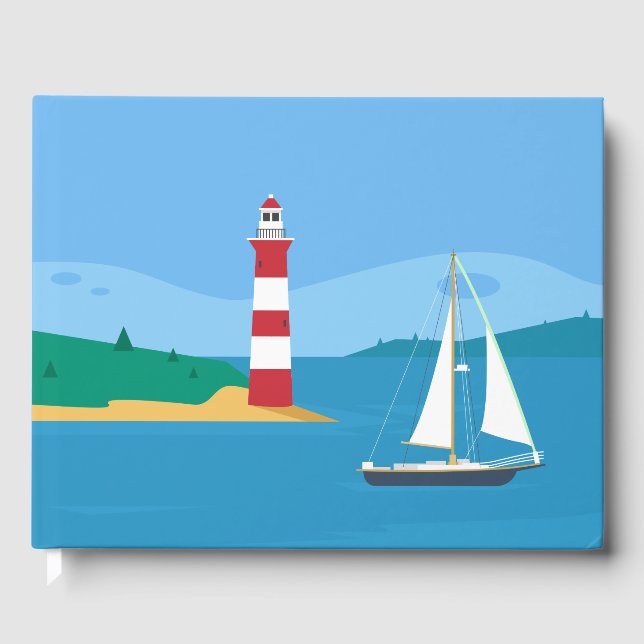 Nautical Blue Ocean, Lighthouse, Sailboat Wedding Guest Book (Front)