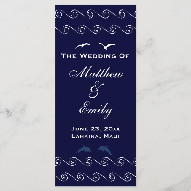 Nautical Blue Ocean Waves Wedding Program (Front)