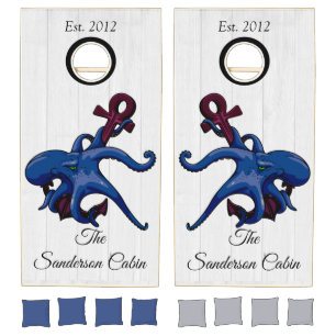 Nautical Blue Octopus Anchor Coastal White Wood Cornhole Set