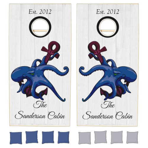  Nautical Blue Octopus Anchor Coastal White Wood   Cornhole Set