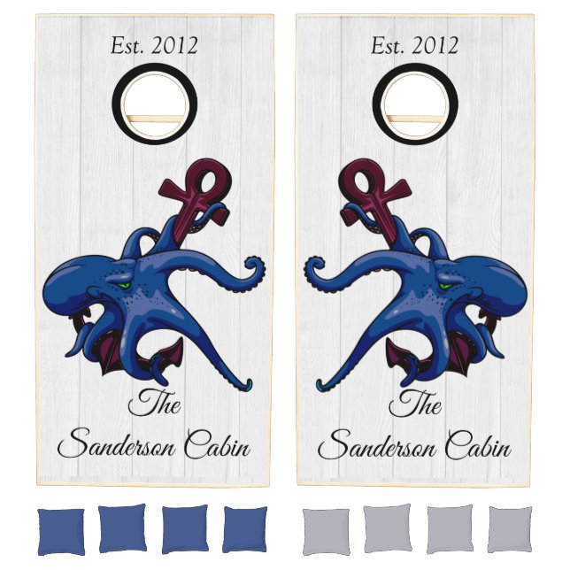  Nautical Blue Octopus Anchor Coastal White Wood   Cornhole Set (Set)