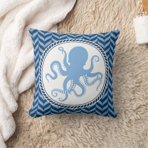 Nautical Blue Octopus coastal Throw Pillow
