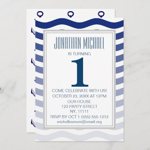 Nautical Blue Ombre Wave Anchor First Birthday Invitation