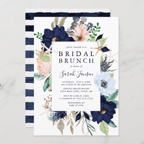 Nautical Blue Pink Watercolor Floral Bridal Brunch Invitation