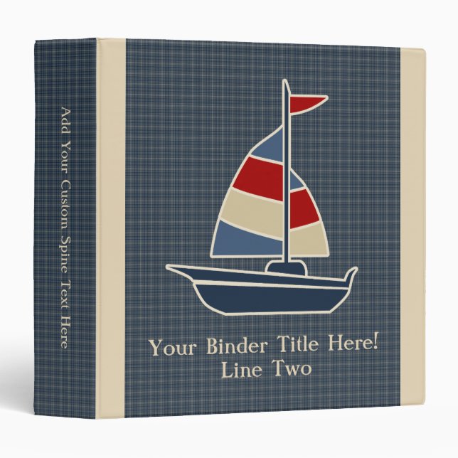 Nautical Blue, Red, Cream Sailboat Custom 3 Ring Binder (Front/Spine)