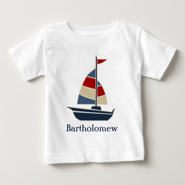 Nautical Blue, Red, Cream Sailboat Custom Baby T-Shirt (Front)
