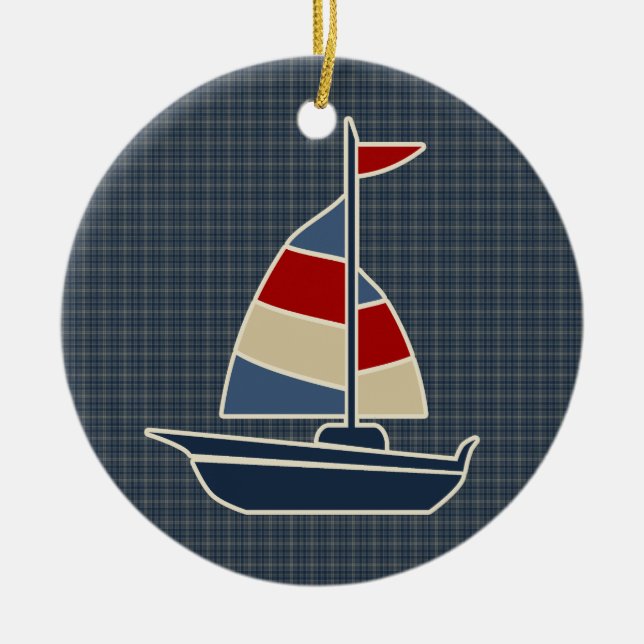 Nautical Blue, Red, Cream Sailboat Custom Ceramic Ornament (Front)