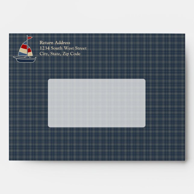 Nautical Blue, Red, Cream Sailboat Custom Envelope (Front)