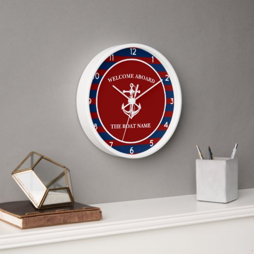Nautical Blue Red Welcome Aboard Boat Name Anchor Clock