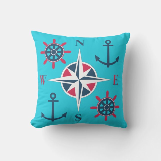 Nautical Blue Red White Turquoise Outdoor Pillow (Front)
