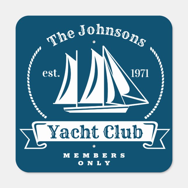 Nautical Blue Retro Yacht Club Family Sign (Front)