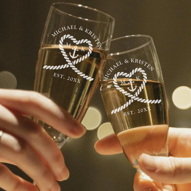 Nautical Blue Rope Heart Anchor Monogram Wedding Champagne Flute
