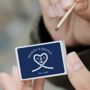Nautical Blue Rope Heart Anchor Monogram Wedding Matchboxes