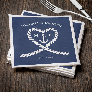 Nautical Blue Rope Heart Anchor Monogram Wedding Napkins